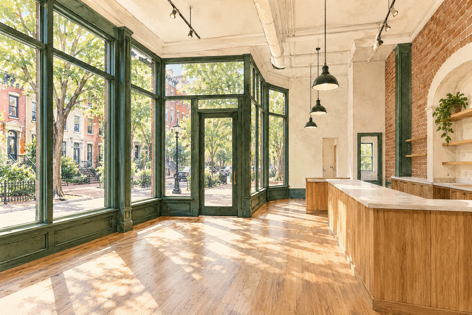 Illustration of an imagined adaptable brick storefront interior with tall windows